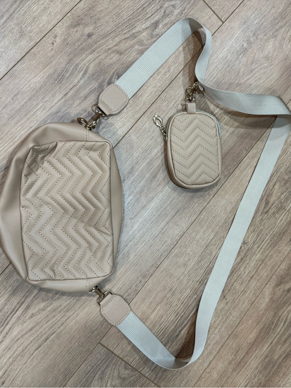 Beige Quilted Crossbody Bag with Detachable Pouch
